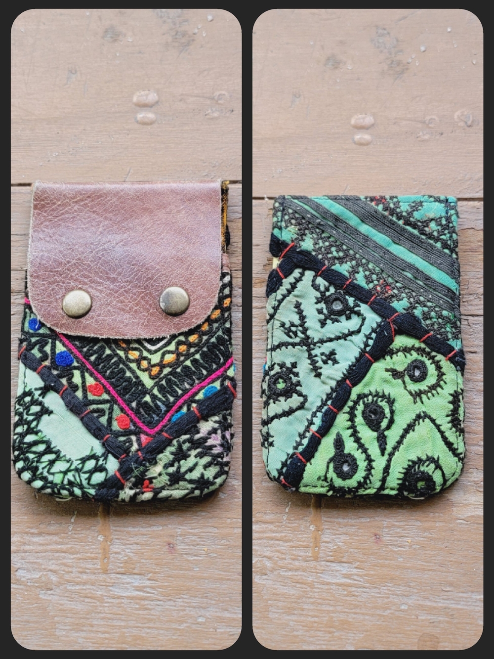 Free People embroidered banjara boho repurposed vtg leather wallet card case